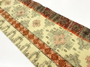 手織り紬縞に花・菱模様織出し名古屋帯